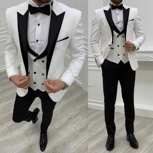 3 Piece Slim Fit Men Suits with Double Breasted Waistcoat Formal Wedding Tuxedo for Groomsmen Fashion Black Peaked Lapel Costume X0909