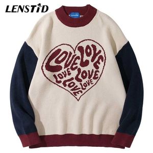 LENSTID Men Hip Hop Knitted Jumper Sweaters Cute Heart Letter Print Patchwork Streetwear Harajuku Autumn Casual Loose Pullovers 211008