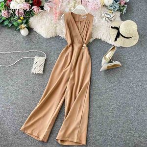 Sommar Romper Mode Kvinnor Ärmlös Slim High Waist V-Neck Sexiga Playsuits Ladies Eleganta Byxor Jumpsuits Overaller 210525