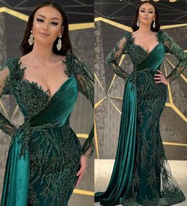 2022 Plus Size Arabski ASO EBI Luksusowe Ciemnozielone Prom Dresses Koronki Zroszony Syrenka Wieczór Formalna Party Druga Recepcja Suknia Sukienka ZJ630