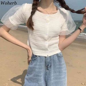 Summer Knitted Crop Tops Cardigan Women Mesh Short Sleeve O-neck Knitwear Sweater Fashion Ladies Jumpers Femme 210519