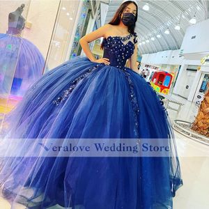 vestidos de xv 15 a￱os Blu Quinceanera Dress Una spalla Appliques Ball Gown Prom Sweet 16 Dress Custom