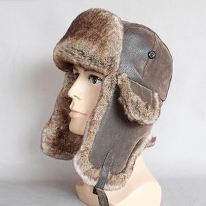 Berets Bomber Hüte Winter Männer Warme Russische Uschanka Hut Mit Ohrenklappe Pu Leder Pelz Trapper Cap EarflapBerets