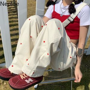 Neploe mulheres largo perna calças bordados casuais calças soltas primavera novo coreano vintage bf branco cintura alta pantalon 4h672 210422