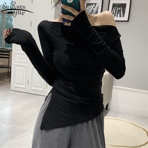 Off Shoulder Tshirt Woman Slash Neck Sexy T Shirt Women Long Sleeve Korean Style White Tees Office Lady Femme T-shirts 12987 210427