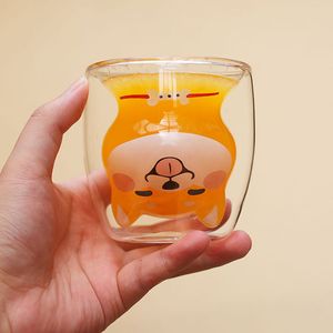 220ml柴犬ガラスかわいい耐熱ダブルコーヒーマグ透明かわいい漫画ペットカップ