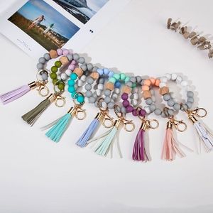 14 Stil Tassels Träpärla Keychain Silikon Bead Armband Party Favor Läder Key Ring Mat Grade Wrist Keychains T2i52992