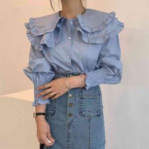 Tidig vårblus Kvinna Double Doll Collar Single Breasted Blusa Loose Wild Puff Sleeve Shirt med trä öron c323 210507