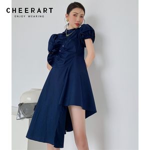 Cheynart Vintage Rękaw Puff Royal Blue Sukienka Lato Tunika Z Krótkim Rękawem Wzburzyć Długie Damskie Asymetryczne Sukienka Odzież