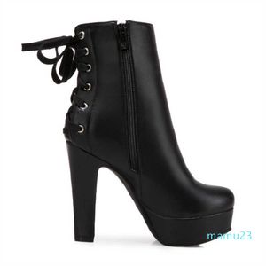 Mode Ankle Boot Plattform High Heels Kurze Schnürung Schwarz Weiß Gelb Winter Schuhe Dame Große größe 211018