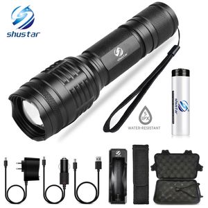 Shustar venda por atacado-Shustar poderoso led lanterna xml t6 l2 lumens tocha modos de iluminação zoom luz de acampamento com bateria