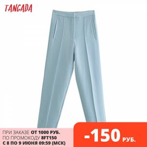 Tangada Fashion Women Blue Suit Pants Trousers Elegant Pockets Buttons Office Lady Pants Pantalon QD48 210609