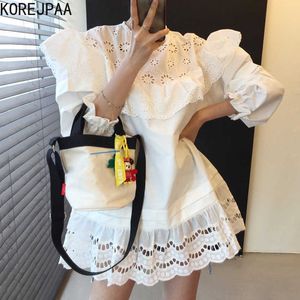 Korejpaaの女性のドレス韓国のファッションシックな夏のレトロなエレガントなソリッドカラーOネックのオープンワークレースRufpled Stitching Vestido 210526