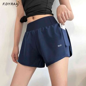 F.dyraa kvinnor 2 i 1 löpande elastisk midja ficka tätt yoga kort kvinna sport gym fitness shorts sportkläder