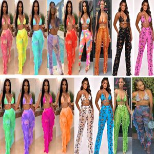 Women Swimwear Bikini Set Tie Dye Sexy V Neck Backless Bandage Crop Top Tassel Trousers Two Piece Swimming Suit Luxury Beachwear