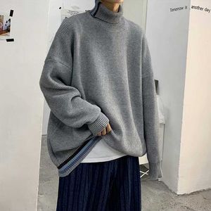 Abbigliamento moda coreana Maglione oversize Maglione grigio Maglione a collo alto Camicie a maniche lunghe Streetwear Uomo Abbigliamento casual Trend Y0907