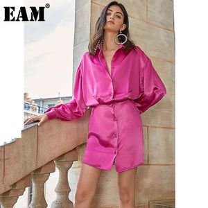 [EAM]女性ローズレッドステッチの簡単な大きさのドレスラペル長袖ルースフィットファッション春夏1W843 210512