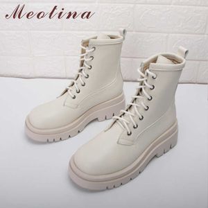 Meotina Stivali da moto Scarpe da donna Piattaforma Tacco alto Stivaletti incrociati Tacchi spessi Stivaletti Autunno Inverno Beige 33-43 210608