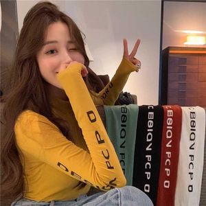 Small turtleneck stretch Slim T-shirt female letter printing long-sleeved top autumn and winter casual Korean 210604