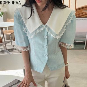 Korjpaa Kvinnorskjorta Sommar Korea Chic Retro Temperament Lace Doll Collar Stitching Single Breasted Thin Puff Sleeve Blus 210526