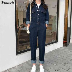 Wohern Cargo Jumpsuit Women Romper Denim Playsuit Autumn Jeans Woman Man Unisex Bodysuit Streetwear Overalls 210519