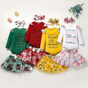 Conjuntos de roupas de crianças meninas roupas de flores infantil letra romper tops de manga voador + laço floral saias de fio líquido + arco 3 pçs / set primavera outono verão roupas de bebê verão