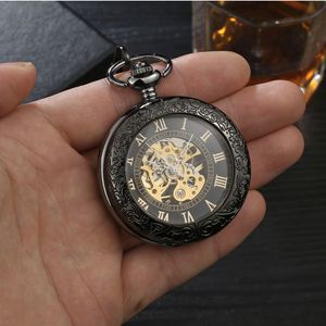 Pure Pearl Black Steampunk Retro Maschinen FOB Watch ausgehöhlte Halskette Bewegung Taschenuhren mit Kettenmänner Frauen Uhr Geschenke