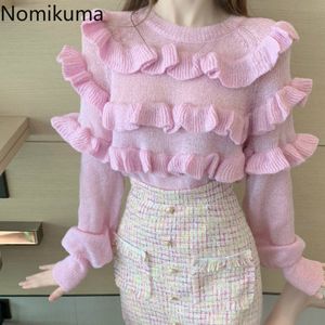 Nomikuma Koreansk Pullover Höst Fashion O Neck Långärmad Jumpers Ruffle Patchwork Eleganta Tröjor Kvinnor Suider 3D873 210514