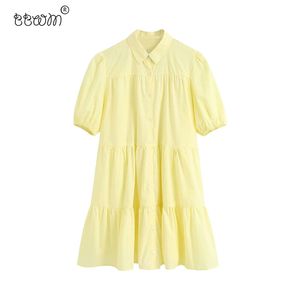 Women Sweet Fashion Buttons Pleated Mini Dress Vintage Lapel Collar Short Sleeve Dresses Casual Vestidos Mujer 210520