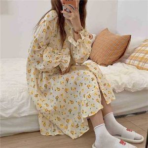 Floral Impressão Algodão Camisola Doce Soft Macio Casual Homewear Lace Dress Loose Moda Pijama 210525
