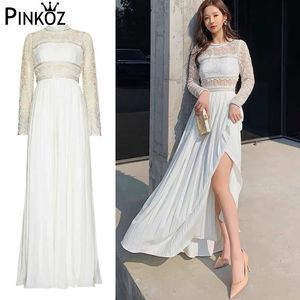 Franch o neck elegant party dress white patchwork lace hollow out pleasted maxi evening lady vestidos 210421