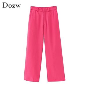 Abbigliamento da ufficio da donna Pantaloni a gamba larga rosa Pantaloni a vita alta eleganti con cerniera a tutta lunghezza Pantaloni casual da donna solidi 210515