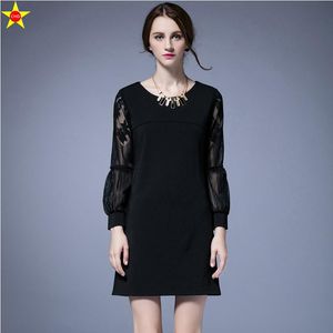 Casual Dresses Hollow Out Lace Patchwork Höst Mode Loose Show Thin Women A Line Elegant Plus Size Dress L XL