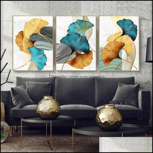 Dipinti Arti, Mestieri Regali Casa Giardino 3 Pannelli Oro Verde Foglie Nordic Wall Art Stampe Cuadros Decorativos Poster E Drop Decor Pict