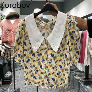 Korobov Yeni Chic Peter Pan Yaka Kadın Bluzlar Yaz Kısa Kollu Çiçek Baskı Blusas Mujer Vintage Tatlı Gömlek 2A529 210430