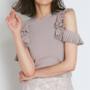 Eleganckie stałe Ruffles Plised Ramię Bez Ramiączek Swetry Japonia Styl Dzianiny Swetry Letnie Kobiety Matematyczne Topy 210806