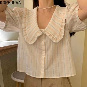 Korejpaa Kadınlar Gömlek Kore Yaz Nazik Zarif Bebek Yaka Çizgili Tek Göğüslü Gevşek Joker Kabarcık Kol Bluz Top 210526
