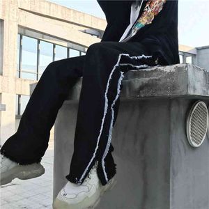 Vår Fashion High Street Kvinnor Versatile Spliced ​​Cuffs Fake Zippers Loose Black Denim Jeans Wide Leg Pants8Y492 210510