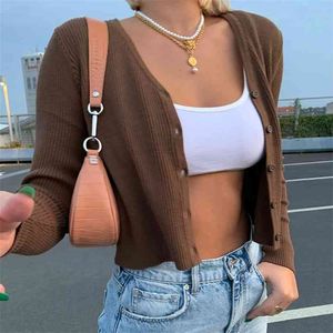 Vintage 90S Brown Knit Single-Breast Long Sleeve Women Y2k T-Shirt Female Casual V Neck Crop Tops Tee Shirt Streetwear 210510