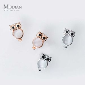 White Opal Cute Owl Ear Studs for Women Gift 925 Sterling Silver Rose Gold Color Stud Earring Fashion Jewelry 210707