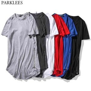 Hipster Longline Tshirt Män Varumärke Kortärmad O Neck Tee Homme Side Zipper Hip Hop Casual T Shirt Male Camisetas 210522