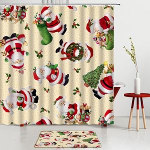 Dusch gardiner tecknad film jultomten julgran set gåva gröna strumpor röd tryck badmattor skärmrum dekoration