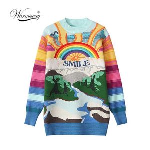 Oversized sweter Kobiety Moda Rainbow Paski Haftowane Listy Dzianiny Pulowers Luźne Casual Streetwear Topy C-237 211007