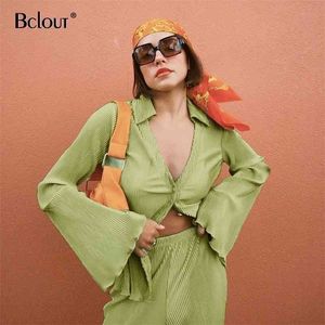 BCLOOT Summer Green Vintage kobiety garnitur z rękawem flare koszula i wysoki talii spodnie Dwa beice zestaw mody streetwear luźna kobieta zestaw 210714