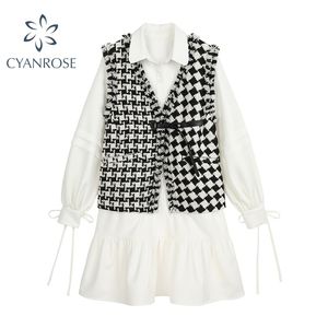 Korean Outfit Sets Women White Long Sleeve Crop Midi Shirt Dress And Tweed Geometri Cardigan Bandage Sleeveless Vest 2 Pcs Lady 210515