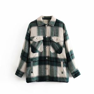 Casual Woman Loose Green Plaid Woolen Shirt Fashion Ladies Autumn Oversized Long Sleeve Outerwear Female Vintage Top 210515
