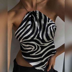 Yiallen Summer Fashion Fashion Stripe Impressão Halter Tanque Mulheres Sexy Slim Backlcropped Top Lady Roupas High Street 2021 New X0507