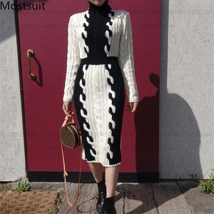冬の厚いねじれニット韓国のロングドレス女性のフルスリーブタートルネックカラーブロックビンテージエレガントな女性vestidos 210518