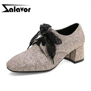 Scarpe eleganti RIZABINA Taglia 30-50 Décolleté da donna Buona qualità Moda scintillante Pizzo Bowknot Comfort Tacchi spessi Elegante punta quadrata