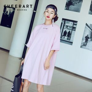 Summer Pink T Shirt Dress Women Loose Zipper Print Casual Reversible Mini Cotton Sundress 210427